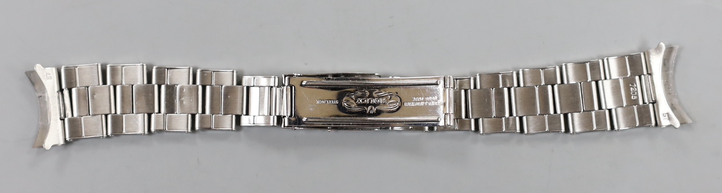 A gentleman's stainless steel Rolex wrist watch bracelet, numbered 7205 and 57, 15.8cm.